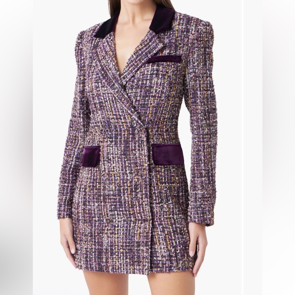 NWT Endless Rose Purple Tweed Double-Breasted Blazer Dress with Velvet Trim